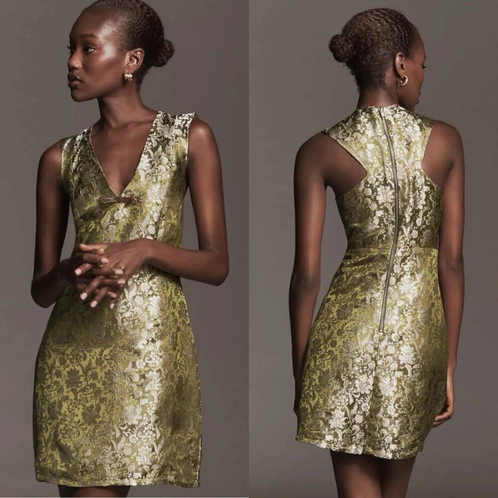 NWT Anthropologie Maeve Sleeveless Brocade Shift Mini Dress M Green Gold Sheath